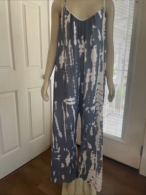Women's Blue & White Tie-Dye Wide-Leg Jumpsuit